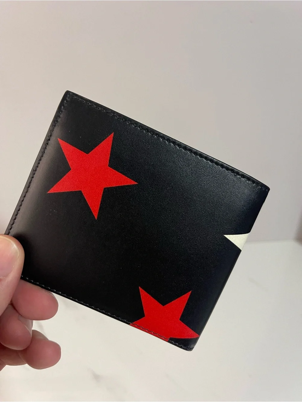 Givenchy Black Leather Wallet with Red, White & Black Star Accents